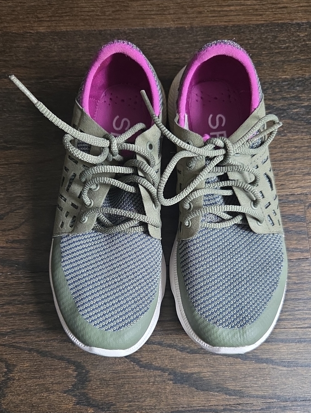 Sperry Olive Green Knit Sneakers with Pink Lining